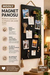 MOOLY 30x90 cm Siyah Mıknatıslı Metal Pano, Hasır İpli Dekoratif Magnet ve Fotoğraf Panosu