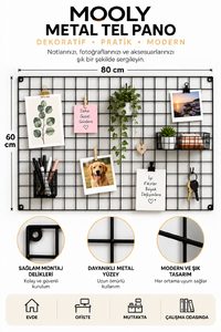 MOOLY 60x80 cm Siyah Metal Tel Pano, Fotoğraf Askısı, 2 Adet Mini Mandal ve 4 Adet Montaj Çivisi Hediyeli