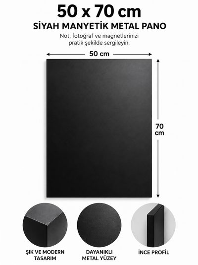 MOOLY Siyah Manyetik Metal Pano 50x70 cm, Dekoratif Fotoğraf ve Not Panosu