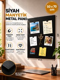 MOOLY Siyah Manyetik Metal Pano 50x70 cm, Dekoratif Fotoğraf ve Not Panosu