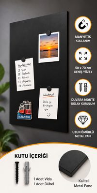 MOOLY Siyah Manyetik Metal Pano 50x70 cm, Dekoratif Fotoğraf ve Not Panosu