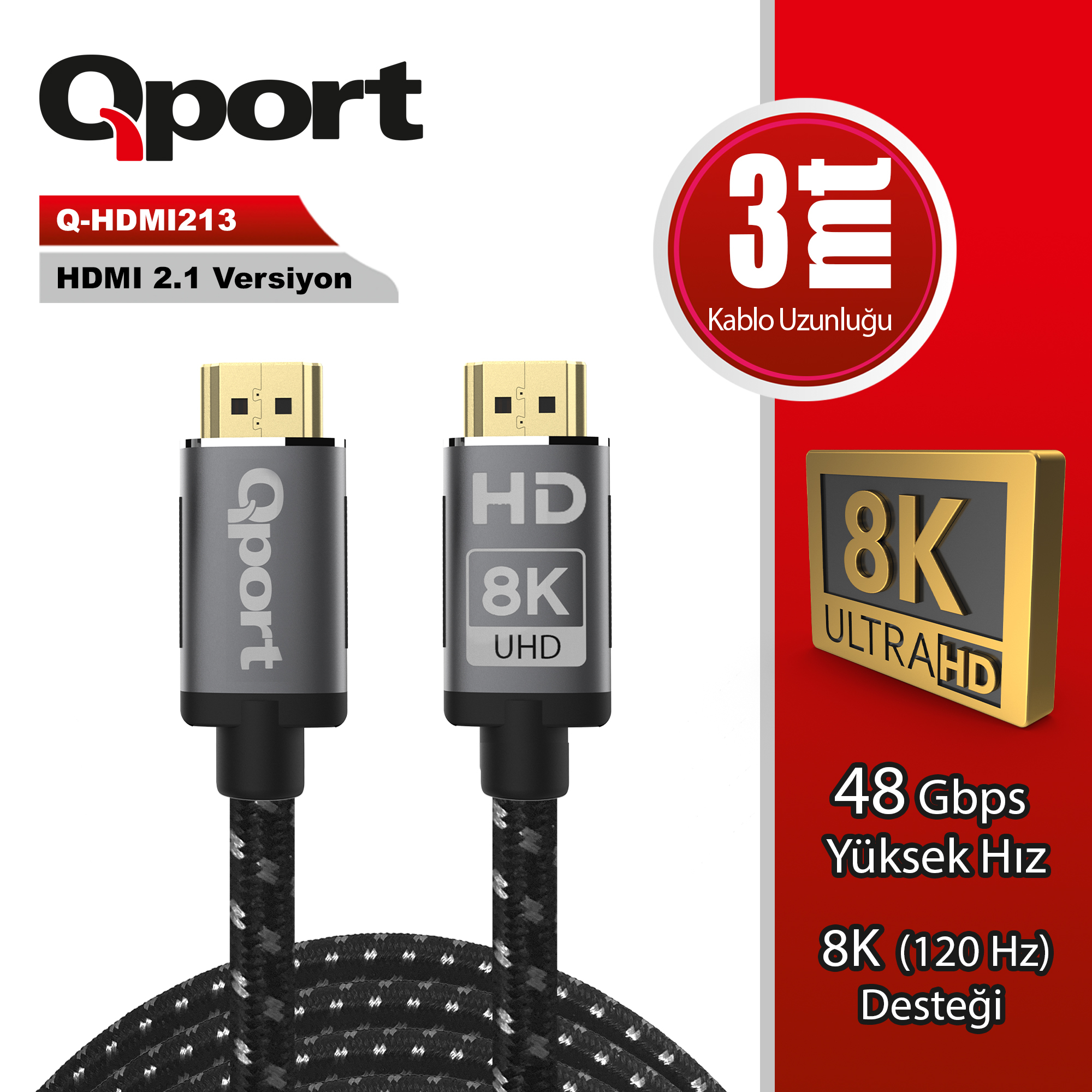 QPORT Q-HDMI213 HDMI 2.1 8K V ALTIN UÇLU KBLO 3 MT